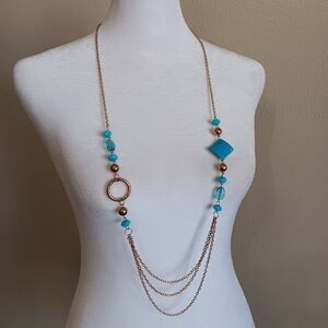 Blue Gold Tone Long Layered Chain Renaissance Festival Goddess Necklace Jewerly